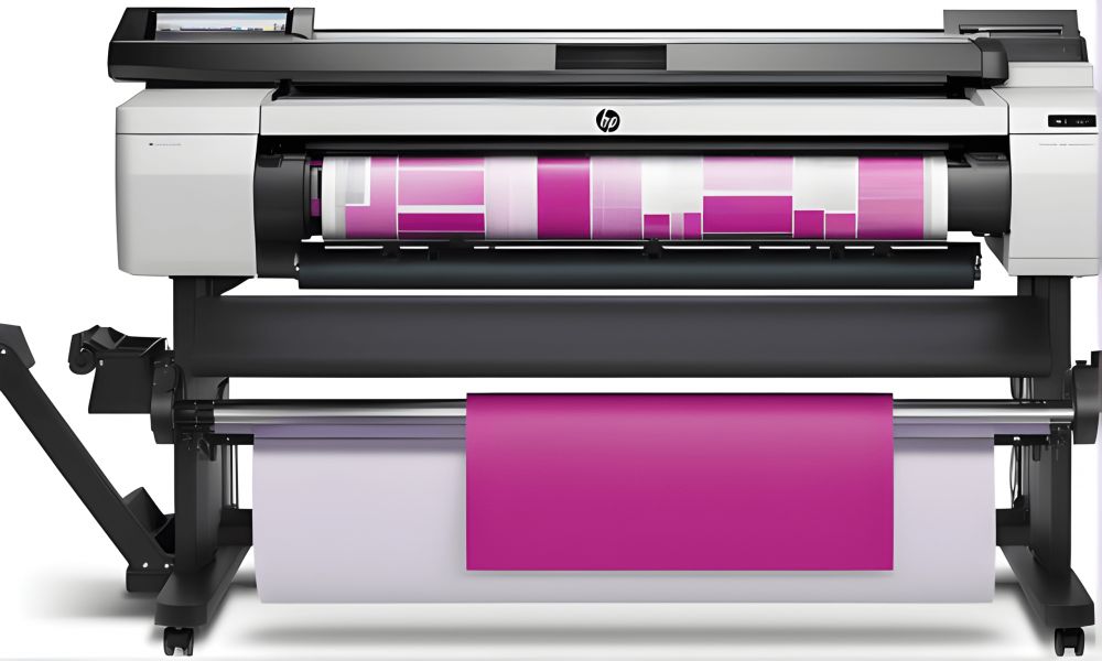 plotter-hp-with-roll-paper-in-the-ofice-purpure-magenta-437392552